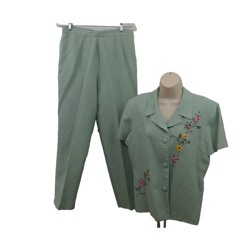 John Roberts 2-Piece Pants Suit Size 12 Petite 100% Linen Lt Green Embroidered